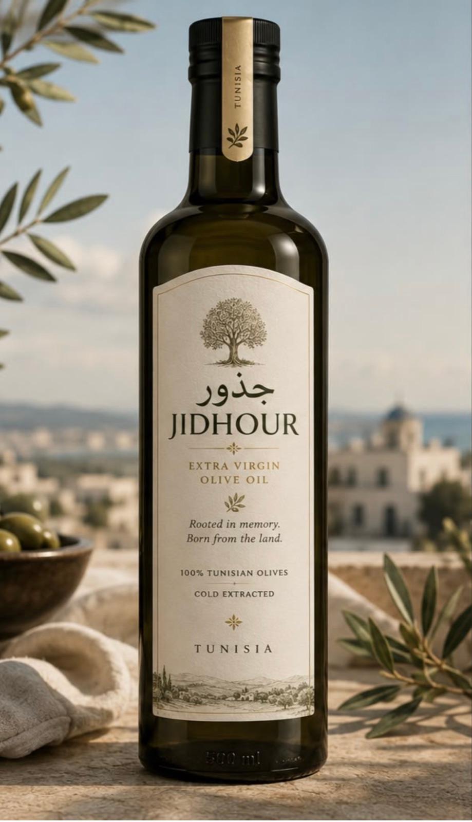 JIDHOUR extra virgin olive oil — two dark glass bottles with cream story labels, olive branches behind