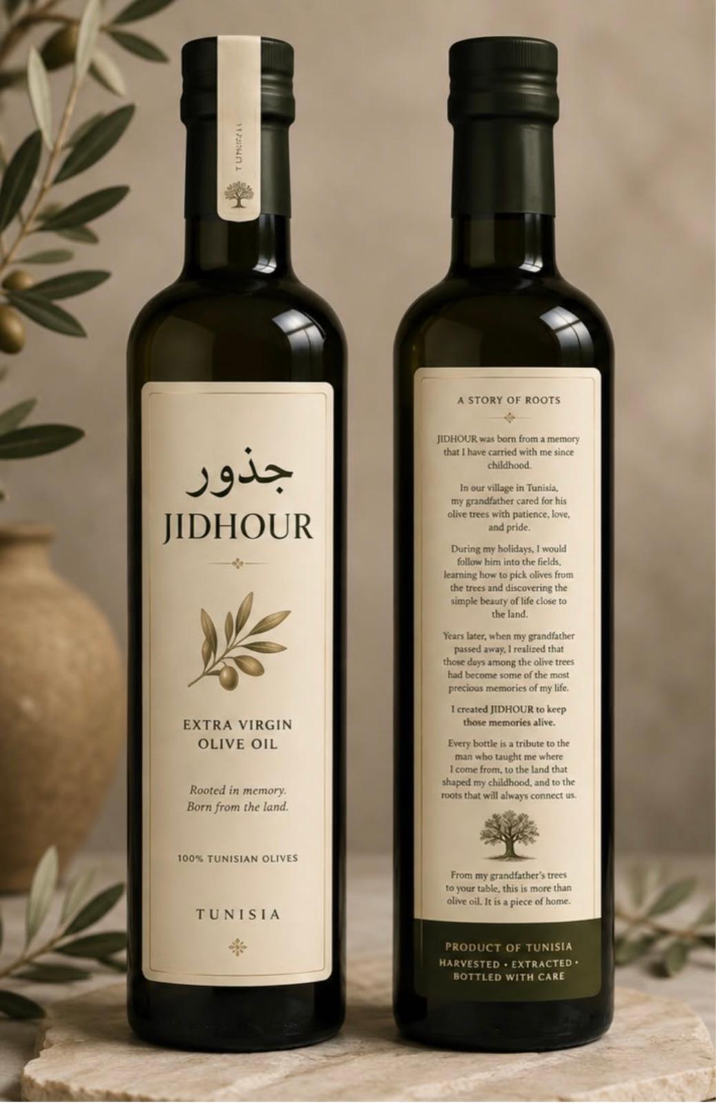 The JIDHOUR bottle and its story label — a tribute written to a grandfather's olive grove