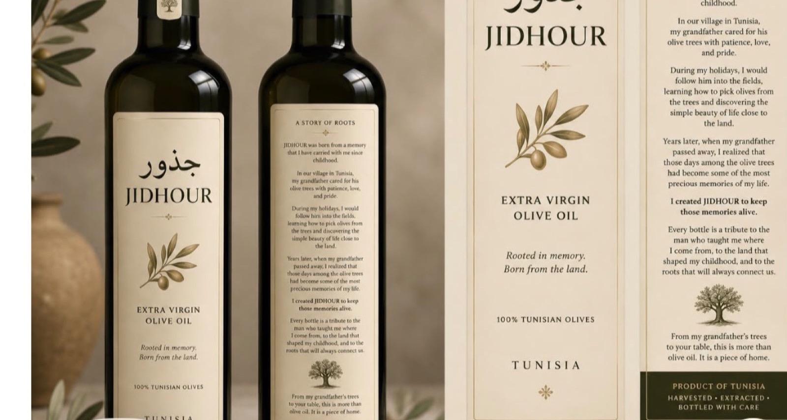 JIDHOUR bottles beside the front and back labels — the full story printed on every bottle